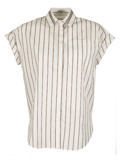 Brunello Cucinelli Cotton Shirt Striped Poplin Shirt With Shiny Tulle Insert In Bianco