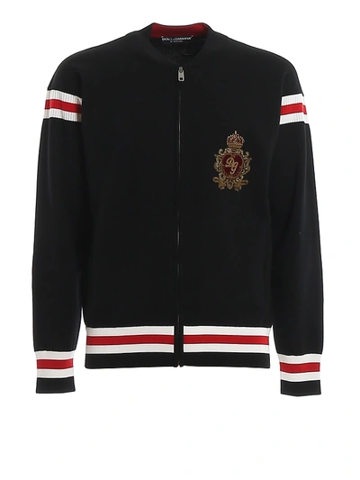 Dolce & Gabbana Crest Embroidery Wool Cardigan In Black
