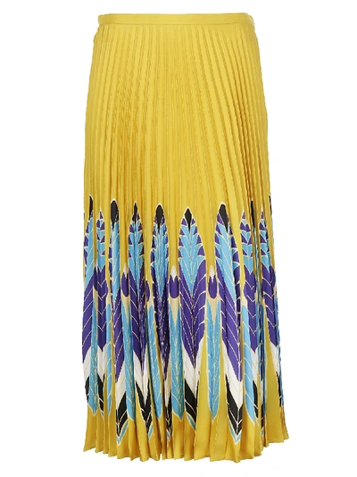 Valentino Feather Print Pleated Midi Skirt In Yellowmulticolor