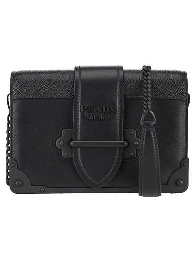Prada Cahier Leather Shoulder Bag In Black