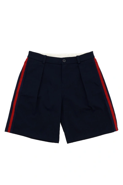 Gucci Kids' Stretch Gabardine Shorts W/ Web Bands In Blue