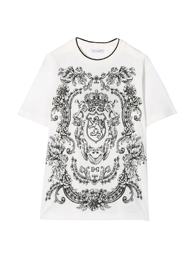Dolce & Gabbana Kids' Jersey T-shirt With Ornamental Heraldic Print In White