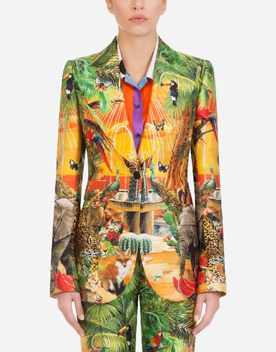 Dolce & Gabbana Single-breasted Jacket In Shantung With Jungle Print In Yellow