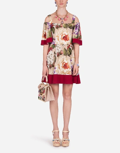 Dolce & Gabbana Short Floral Print Charmeuse Dress In Neutrals