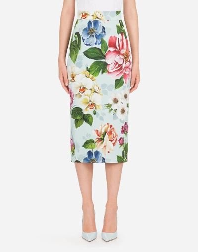 Dolce & Gabbana Floral-print Crepe Pencil Skirt In Blue