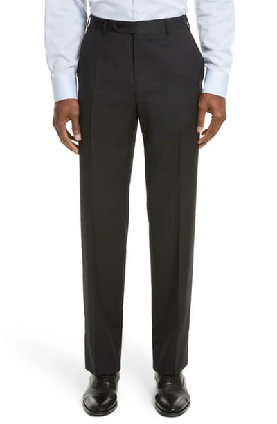 Canali Flat Front Stripe Wool Trousers In Midnight