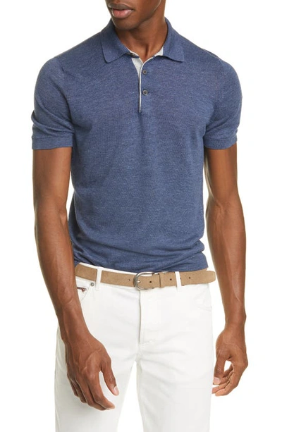 Brunello Cucinelli Slim-fit Knitted Mélange Linen And Cotton-blend Polo Shirt In Blue