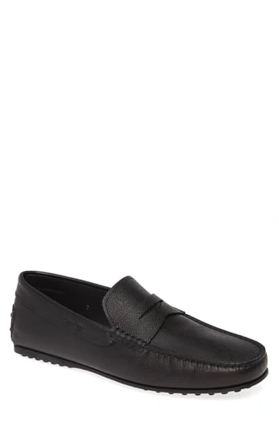 Tod's City Penny Driving Shoe In Black Textured Leather