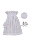 CARRIAGE BOUTIQUE SMOCKED INSET CHRISTENING GOWN, BONNET & BOOTIES SET,74157-9M