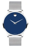 Movado Museum Mesh Bracelet Watch, 40mm In Silver/ Blue/ Silver