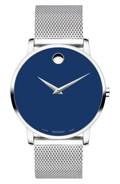 Movado Museum Mesh Bracelet Watch, 40mm In Blue/silver