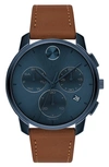 Movado Bold Chronograph Stainless Steel & Leather Strap Watch In Blue
