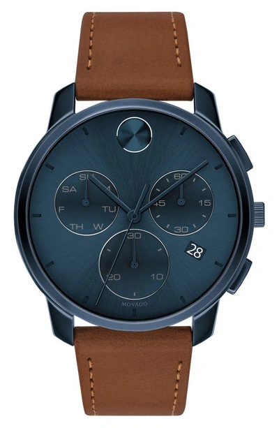 Movado Bold Chronograph Stainless Steel & Leather Strap Watch In Blue