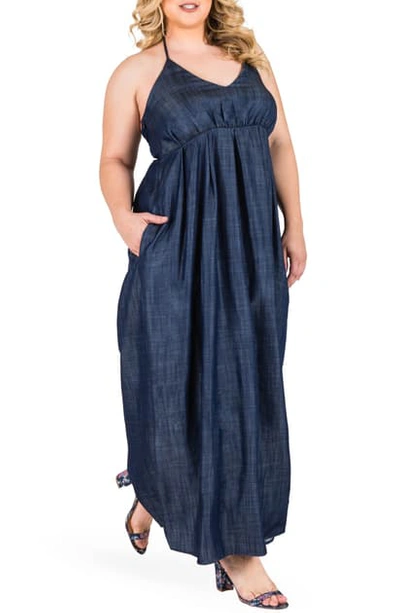 Standards & Practices Maui Maxi Chambray Halter Dress In Dark Blue