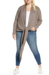 Loveappella Multi Wear Tie Front Draped Cardigan In Mocha