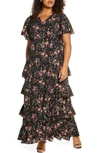 Kiyonna Tour De Flounce Tiered Maxi Dress In Botanical Print