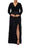 XSCAPE XSCAPE 3D FLORAL & MESH CUTOUT LONG SLEEVE GOWN,3279XW