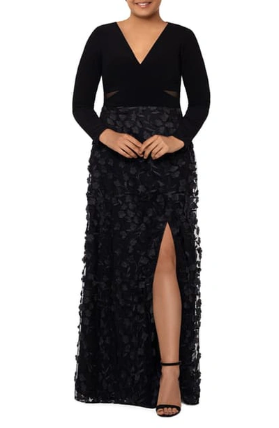 Xscape 3d Floral & Mesh Cutout Long Sleeve Gown In Black/ Black