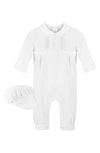 Carriage Boutique Cross Embroidered Christening Romper & Newsboy Cap Set In White