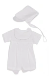 Little Things Mean A Lot Bib Front Christening Romper And Bonnet Set In White