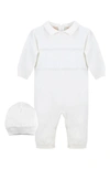 Carriage Boutique Elegant Christening Romper & Hat Set In White
