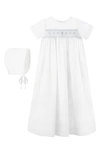 Carriage Boutique Smocked Christening Gown & Bonnet Set In White