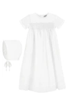 Carriage Boutique Smocked Christening Gown & Bonnet Set In White