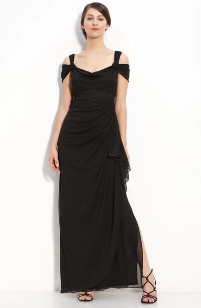 Alex Evenings Cold Shoulder Ruffle Gown In Black