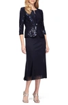Alex Evenings Petite Sequined Midi Dress And Jacket In Navy
