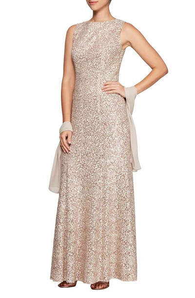 Alex Evenings Sequin Trumpet Gown With Shawl In Chai/ Ivory