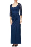 ALEX EVENINGS LACE YOKE & SLEEVES RUCHED GOWN,82122363