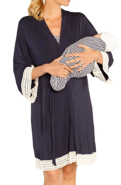 Angel Maternity Nursing Dress, Dressing Gown & Baby Blanket Set In Navy Stripes