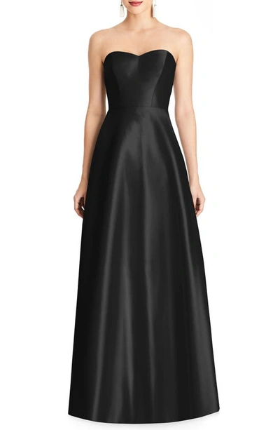 Alfred Sung Strapless Satin A-line Gown In Black