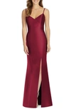 Alfred Sung V-neck Spaghetti-strap Sateen Twill Gown Bridesmaid Dress With Slit In Red