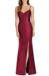 Alfred Sung V-neck Spaghetti-strap Sateen Twill Gown Bridesmaid Dress With Slit In Burgundy