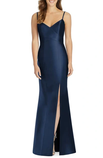 Alfred Sung Surplice Neck Satin Twill Trumpet Gown In Midnight