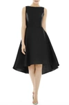 Alfred Sung Bateau Neck Satin High Low Cocktail Dress In Black