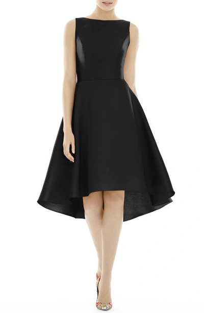 Alfred Sung Bateau Neck Satin High Low Cocktail Dress In Black