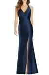 Alfred Sung V-neck Spaghetti-strap Sateen Twill Gown Bridesmaid Dress With Slit In Blue