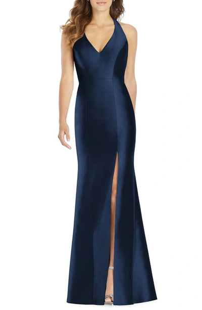 Alfred Sung V-neck Spaghetti-strap Sateen Twill Gown Bridesmaid Dress With Slit In Midnight