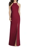 Dessy Collection Cutaway Shoulder Crepe Column Gown In Burgundy