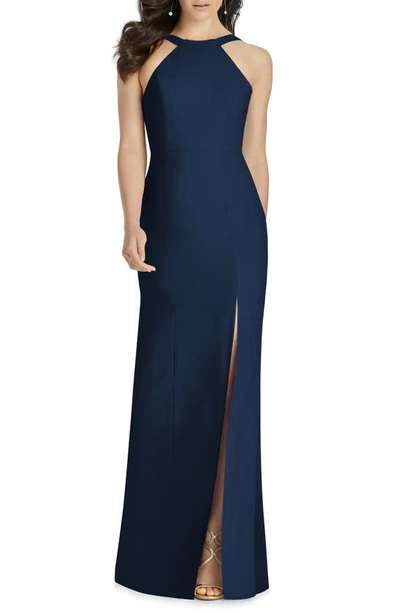 Dessy Collection Cutaway Shoulder Crepe Column Gown In Midnight