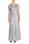 Alex Evenings Long A-line Rosette And Sequin Gown In Dove