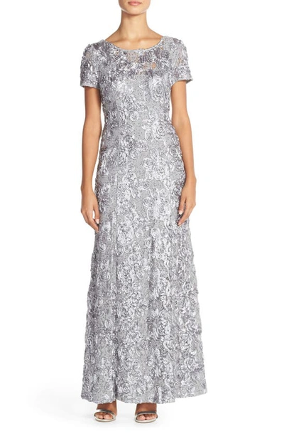 Alex Evenings Long A-line Rosette And Sequin Gown In Dove