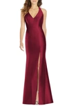 Alfred Sung V-neck Halter Satin Trumpet Gown In Burgundy Red