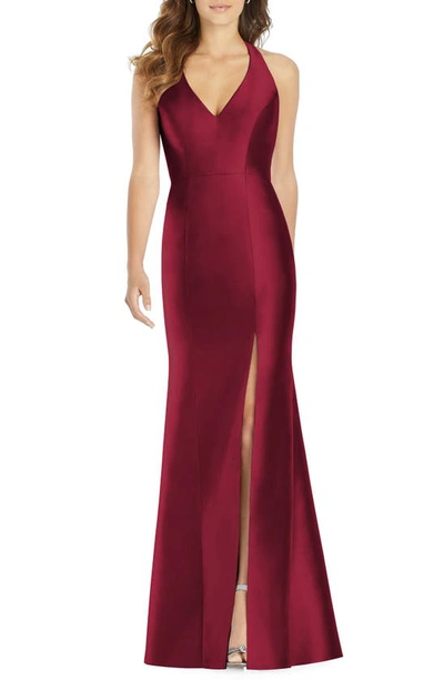 Alfred Sung V-neck Halter Satin Trumpet Gown In Burgundy