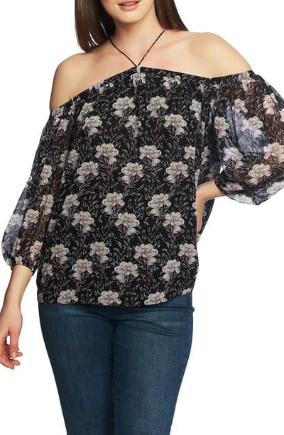 1.state Off The Shoulder Sheer Chiffon Blouse In Bloomsbury Floral Black