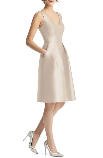 Alfred Sung V-neck Satin Cocktail Dress In Cameo