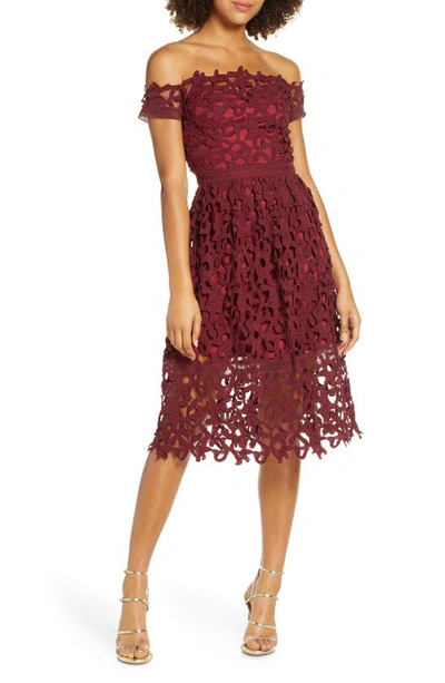 Chi Chi London Off The Shoulder Lace Cocktail Dress In Burgundy