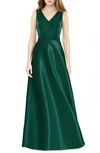 Alfred Sung V-neck Satin Twill A-line Gown In Hunter